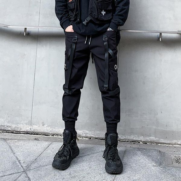 

men's pants nice japanese style techwear ribbons hip hop cargo spring summer casual streetwear trousers, Black