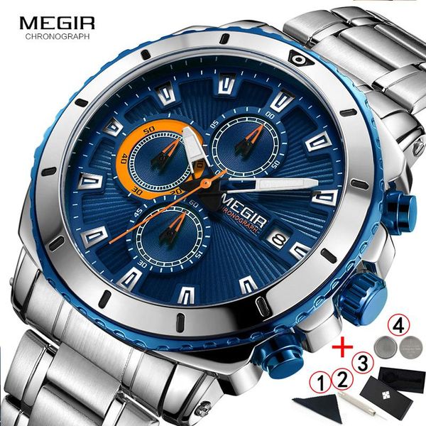 

wristwatches men watches megir dlue dial chronograph quartz watch 2021 stainless steel male wristwatch, Slivery;brown
