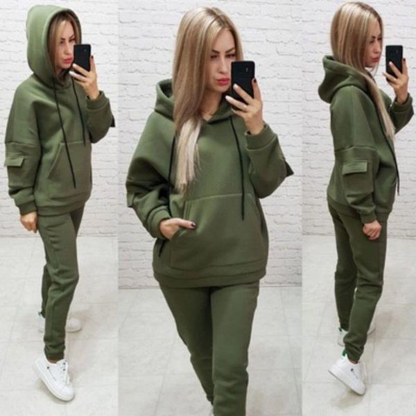 

women's two piece pants autumn and winter women plush fashion suit leisure fleece sweater + trousers hooded girls', White