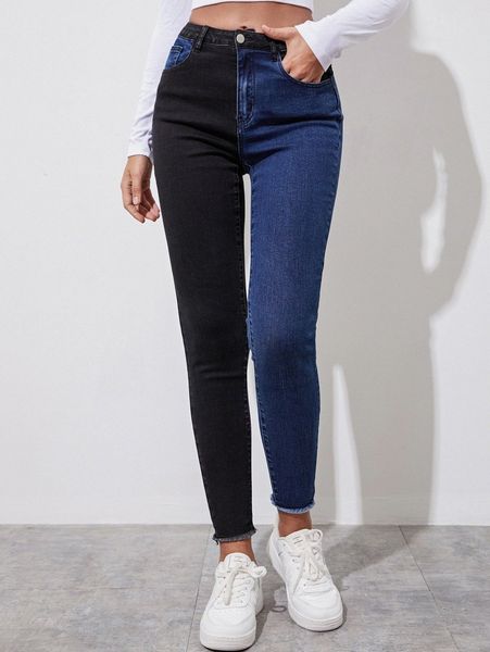 

colorblock skinny spliced jeans p2xa#, Blue