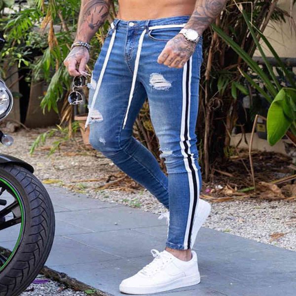 

men's jeans trendy men ny engine destroyed frayed fit denim ripped pants side stripe pencil hip hop stree oaqz, Blue