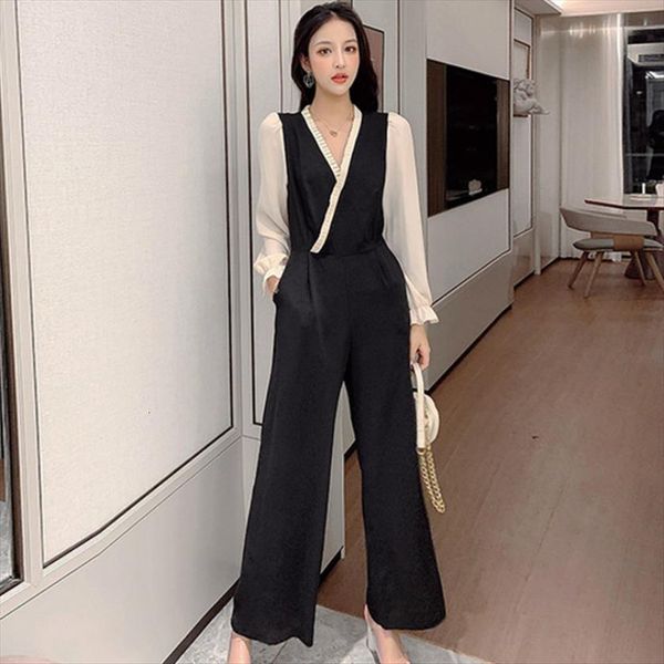 

femme autumn v neck suit womens jumpsuits slimming office chiffon streetwear leisure, Black;white