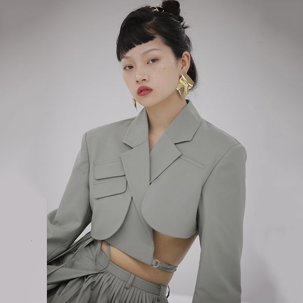 

[eam] women green bandage hollow out short blazer new lapel long sleeve loose fit jacket fashion tide spring autumn 1s714 201009, White;black
