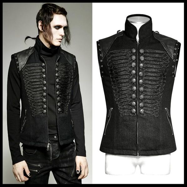 

men's military uniform vest gothic vintage stand collar sleeveless winter warm thick waistcoats vests, Black;white