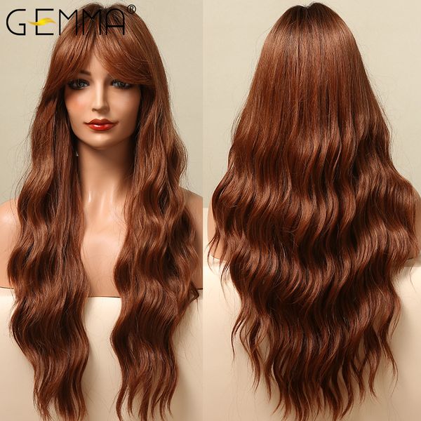 

long water wave synthetic wigs omber brown red copper wig with bangs for women afro cosplay daily heat resistant fiber, Black
