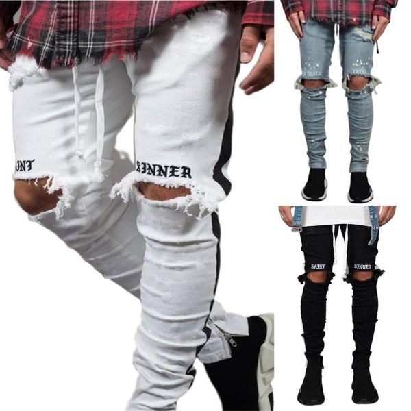 

men's jeans mens slim fit knee hole skinny denim long pants distressed stretchy ripped trousers plus size, Blue