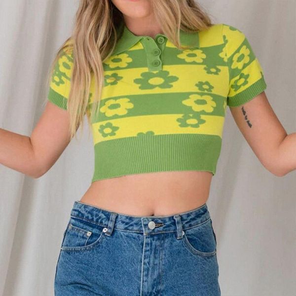 

women's t-shirt women short sleeve knitted crop contrast color striped floral print green sweater harajuku slim lapel button k4ub, White