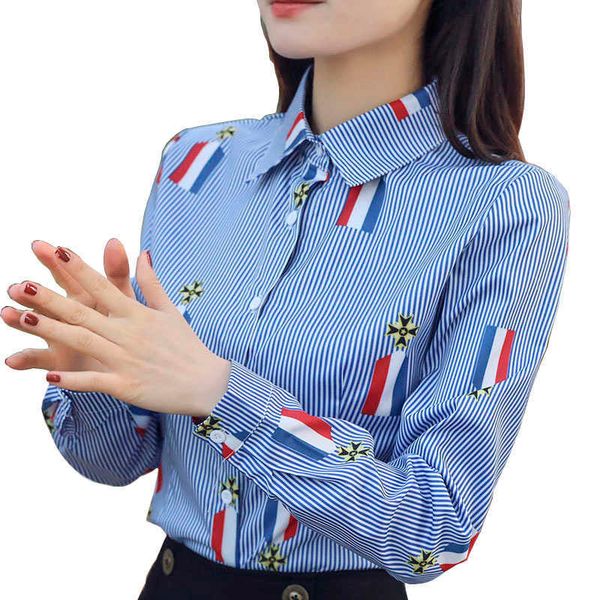 

women blouse shirt full striped printed personalized youth s casual long sleeve slim fit df2430 210609, White