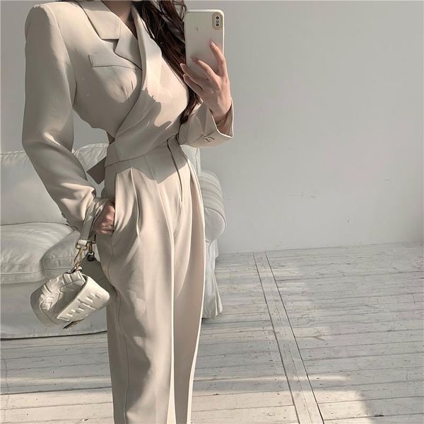 

women's two piece pants [ewq] korea chic suits set women long sleeve bandage office lady blazer and high waist female tide 2021 16e4470, White