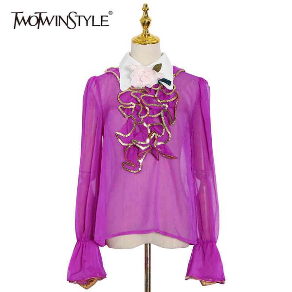 

elegant patchwork ruffle shirt for women lapel long sleeve see through casual blouse female fashion new clothing 210428, White