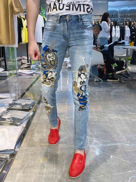 

men's jeans high street hip hop trendy printing stretch graffiti print graphic motorcycle skinny uomo 7uxk, Blue