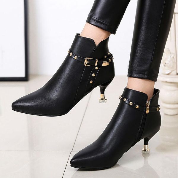 

boots 2021 woman fashion spring autumn pointed toe high heel lady casual ankle female cool street botas, Black