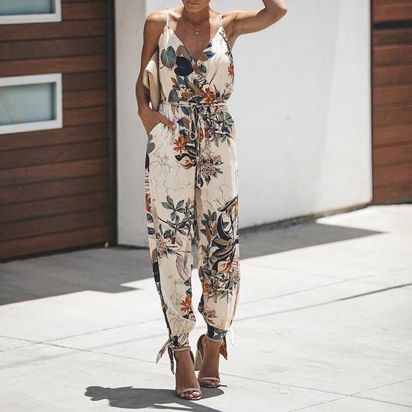 

women's jumpsuits & rompers 2021 summer women holiday casual sleeveless fashion ladies boho floral bodysuit wide leg loose long pants t, Black;white