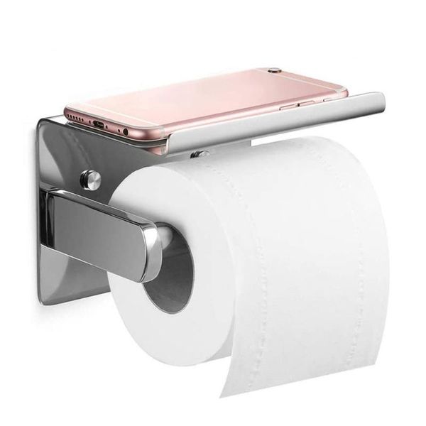 

stainless steel wall mounted toilet roll paper holder bathroom self-adhesive tissue rack with cell phone storage shelf holders