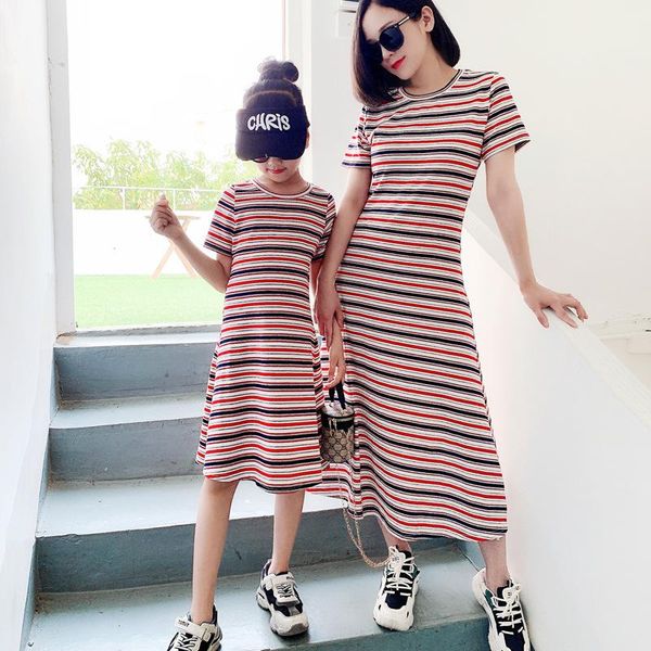 

summer long strip slim dresses family matching outfits mother daughter gowns, Blue