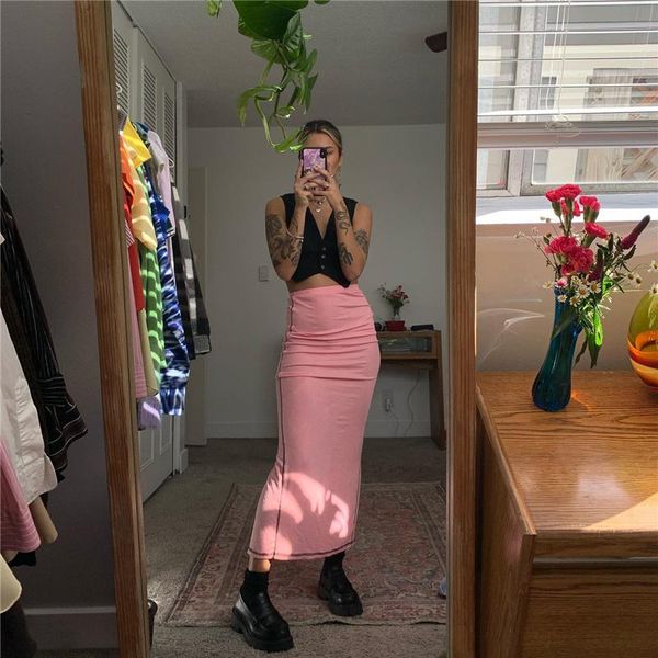 

women casual close-fitting long skirt fashion pink elastic high waist slit skirts s/ m/ l/ xl, Black