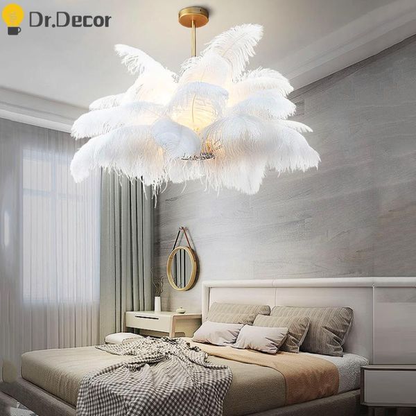 

pendant lamps ins natural ostrich feather lights modern loft led light bedroom living room indoor lighting decor hanging