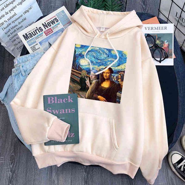 Mona Lisa Baskı Adam Kazak Polar Uzun Kollu Harajuku Kapşonlu Giysi Kadın Moda Vintage Hoody Top Punk Anime Tişörtü H1227