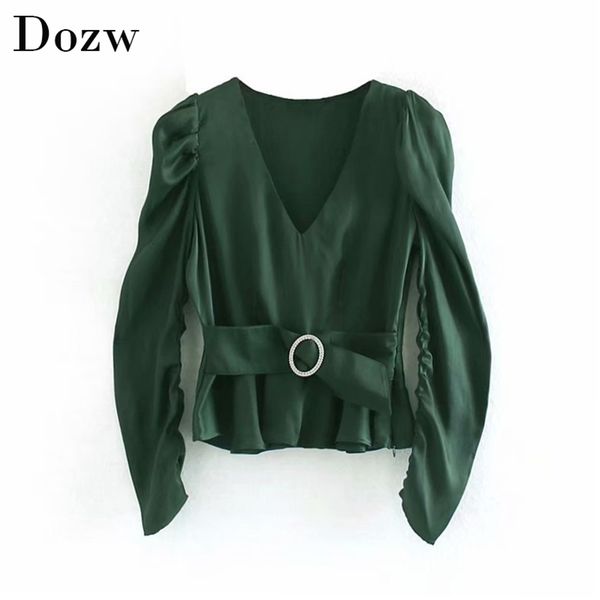 

stylish v neck green color ladies blouses sashes puff long sleeve fashion side zipper solid shirt female chic silk tunic 210515, White