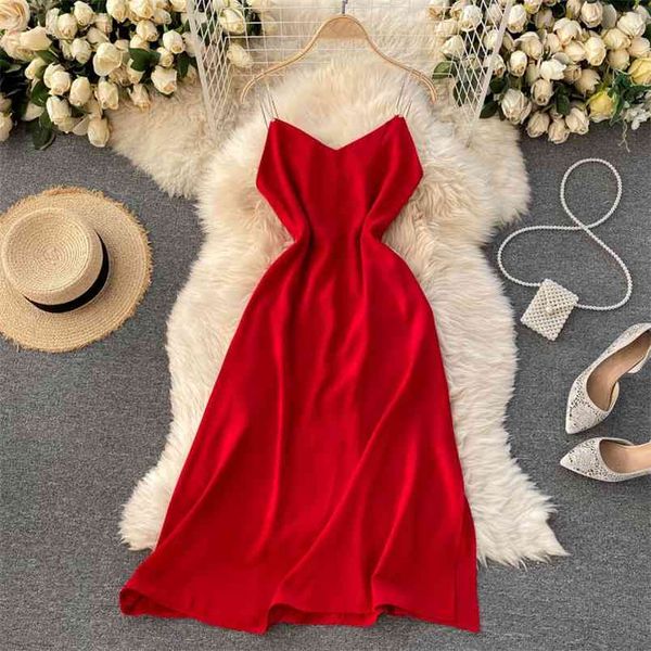 

four seasons sling vestidos female korean version of the simple inner base temperament v-neck slim midi dress c555 210506, Black;gray