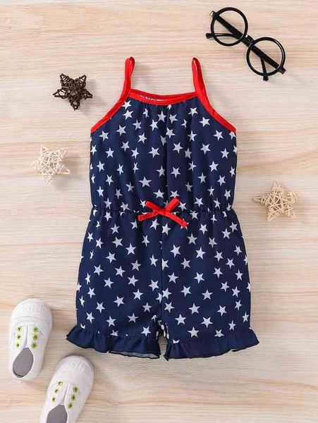 

baby star print tie front ruffle hem cami romper she, Blue