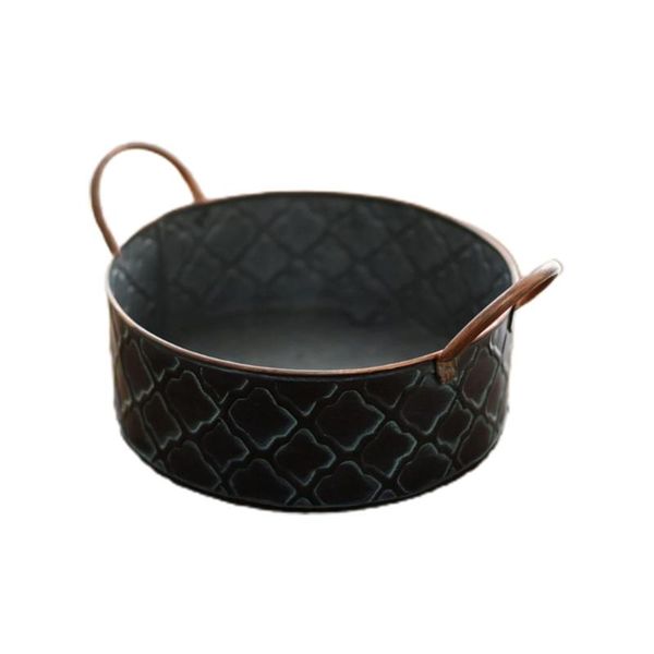 

vintage old wrought iron round storage basket with 2 handle kitchen fruit bread dish tray for picnic sundry props bottles & jars