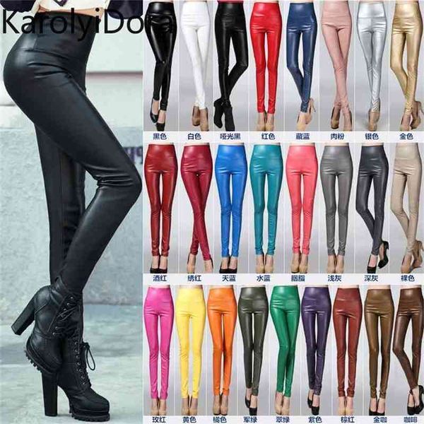 

women tight trouser autumn winter thin velvet pu leather pants female elastic stretch faux skinny pencil pant 210520, Black;white