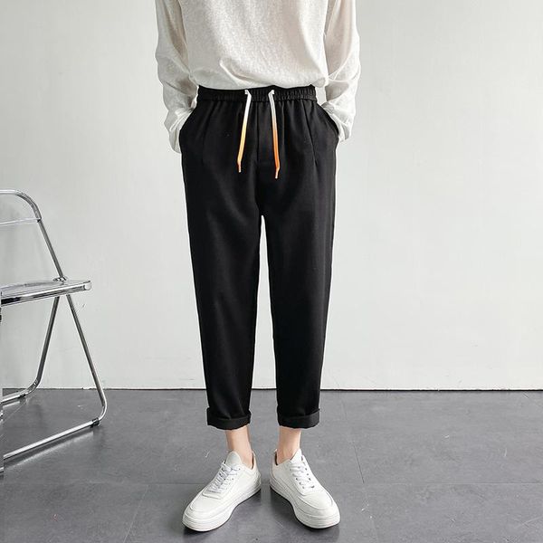 

summer solid color formal suit pants men korean fashion loose casual harajuku streetwear drawstring wide-leg men's, Black