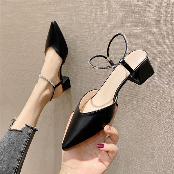 

sandals summer pointed mid heel shoes women's back empty french high heels women's thick heel temperament diamond sandals 5x9b, Black