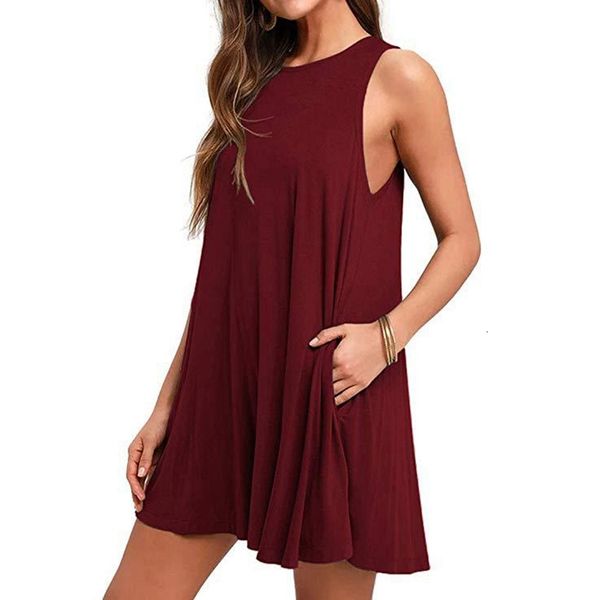 

casual dresses women's swing simple t-shirt loose dress ladies summer sleeveless o neck solid color wine red xxl obh7, Black;gray
