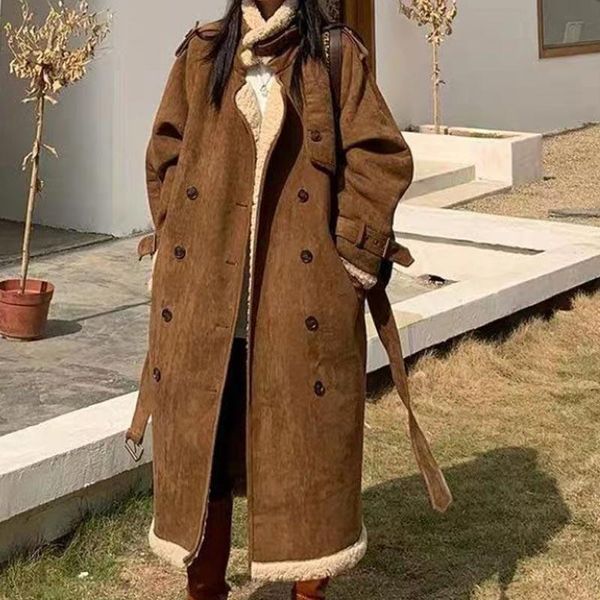 

women's trench coats vintage warm jacket women autumn winter korean retro cotton loose double breasted belt mid length lamb wool padded, Tan;black