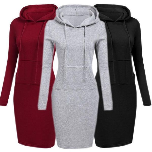 

dresses warm long-sleeved woman clothing hooded collar pocket simple casual lady dress vesdies sweatshirt 2021, Black;gray