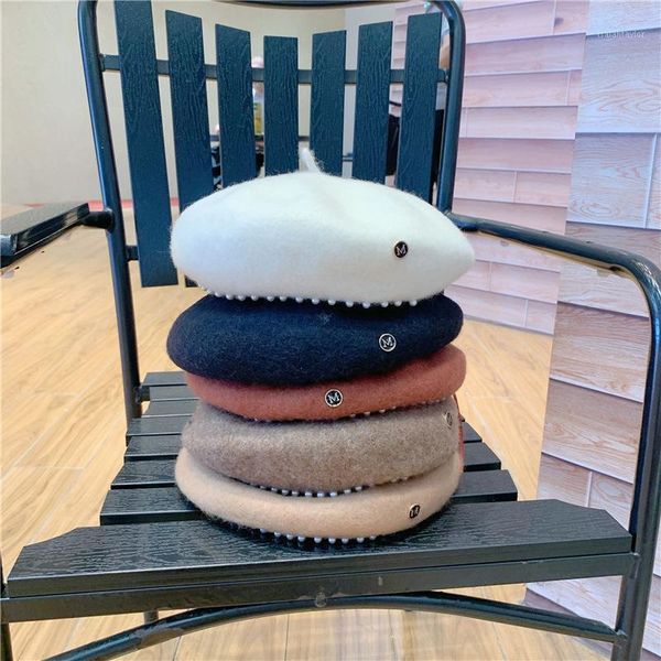 

berets 2021 women's cap wool hat elegant pearl letter  vintage female warm beret hats girls flat for women, Blue;gray