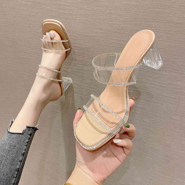 

sandals crystal sandals women's fashion summer flash diamond transparent thick heel high s middle 208-13 e6nr, Black