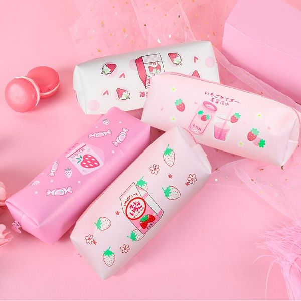 

pencil bags korean cartoon fruit octagonal case pu large capacity stationery box girl heart strawberry studen kawaii pouch cute