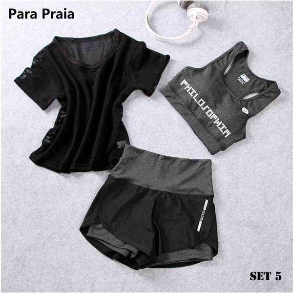 Cintura alta Três peça Yoga Set Sportswear para Mulheres Bra Fitness Roupa Shorts Gym Workout Top 210802