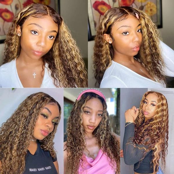 

lace wigs peruvian hair 4x4 hd closure human wingirl preplucked highlight deep wave with natural hairline for woman, Black;brown