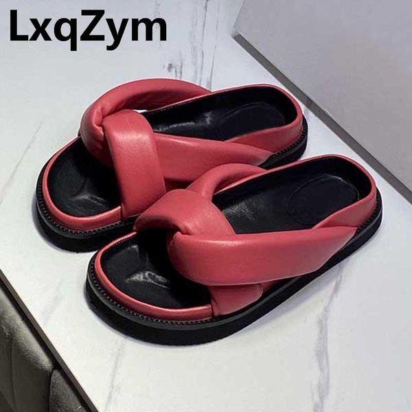 

slippers round toe summer platform soft real leather women cross belt outdoor vacation beach lazy mules comfortable slides, Black