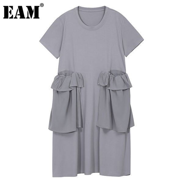 

[eam] women gray pocket ruffles big size dress round neck short sleeve loose fit fashion spring summer 1dd8718 210512, Black;gray
