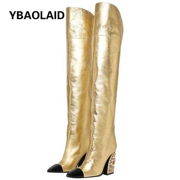 

boots fashion pointed gold high-heel catwalk pearl pattern special-shaped color diamond heel over-the-knee high, Black