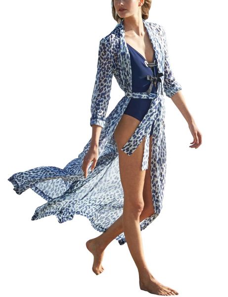 Bsubseach Summer Sexy Leopard Pattern Chiffon Lace Waist Cover Up Elegant Ladies Beach Sunscreen Cardigan Holiday Dress Sarongs