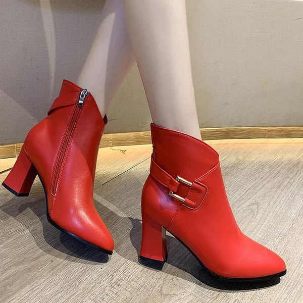 

boots red wedding shoes pointed high-heeled thick heel short women 2021 spring and autumn side zipper large size tube, Black