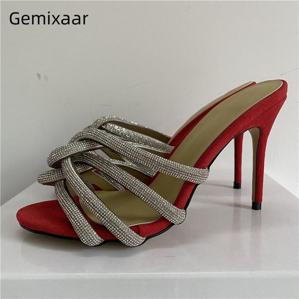 

sandals jeweled braided cross narrow band women 10cm stiletto heel luxury suede slingbacks lady mules summer, Black