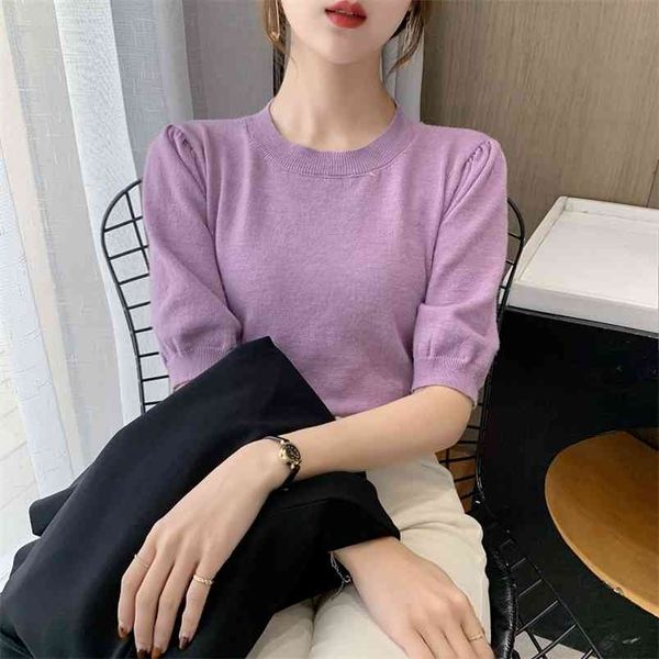 

women's ice silk knitted sweater, bottom wear, loose korean version of student's sleeveless middle sleeve t-shirt 210507, White