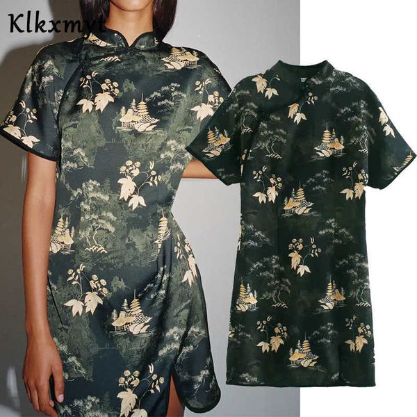 Klkxmyt za vestido mulheres moda chique impresso mini vintage estilo chinês manga curta feminina es vestidos mujer 210527