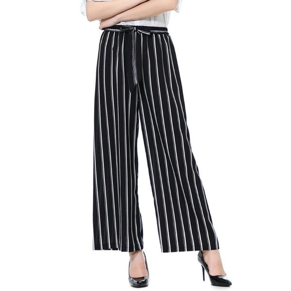 

fashion women ladies elastic waist slim fit striped solid casual high lace up loose wide leg pants autumn women's & capris, Black;white