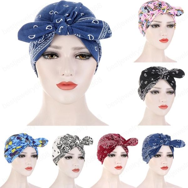 

indian turban women flower print cap headwear muslim hijab bonnet knot twist hair loss beanie hat head scarf head wrap cover, Blue;gray
