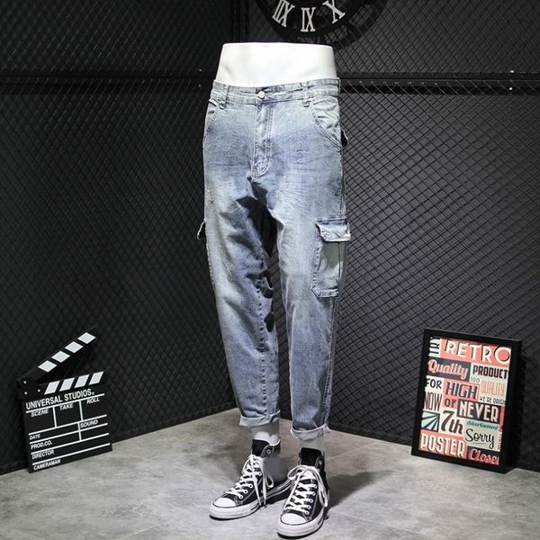 

men's jeans high street several pockets of vintage cargo pants the fashion men loosen ankle length hare casual jeans plus size 40 42 r2, Blue