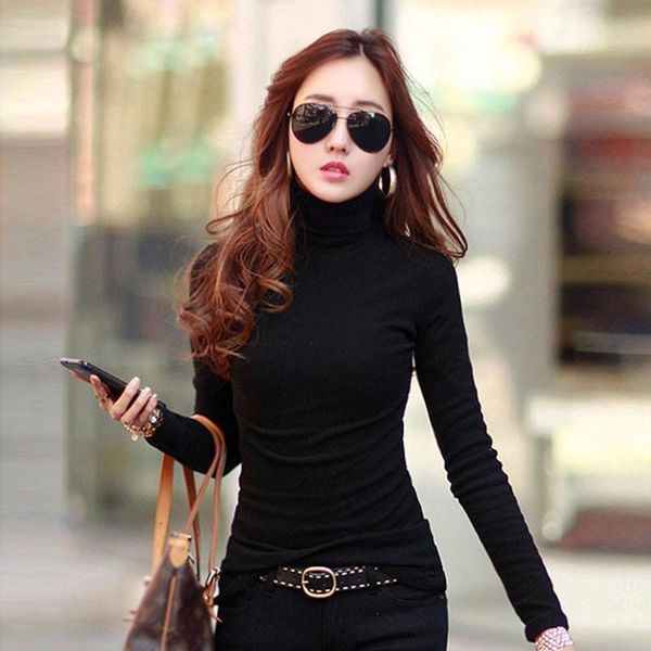 

women's t-shirt fashion solid colors women t-shirts long sleeve slim turtle neck shirts autumn winter tee 2021 clothing, White