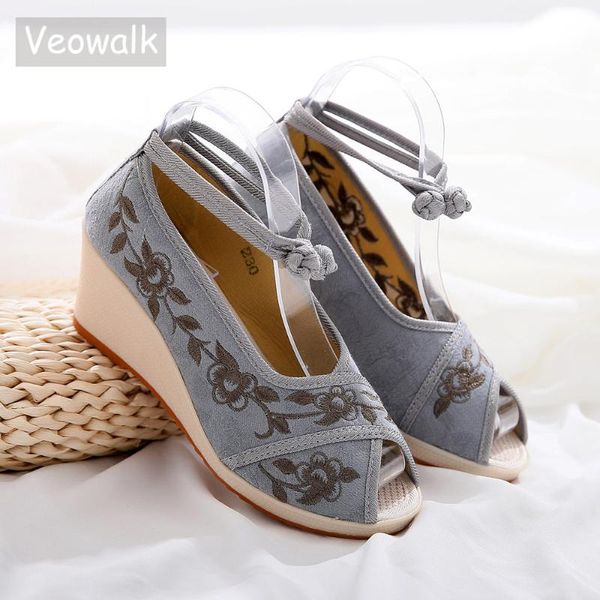 

veowalk ankle strap women jacquard cotton embroidered peep toe wedge sandals 6.5cm ladies comfort casual summer canvas shoes, Black